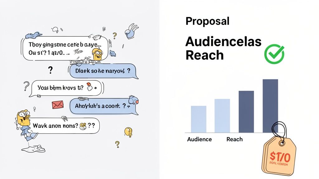 A template illustrating brand collaboration proposal elements like audience reach metrics and communication messages.