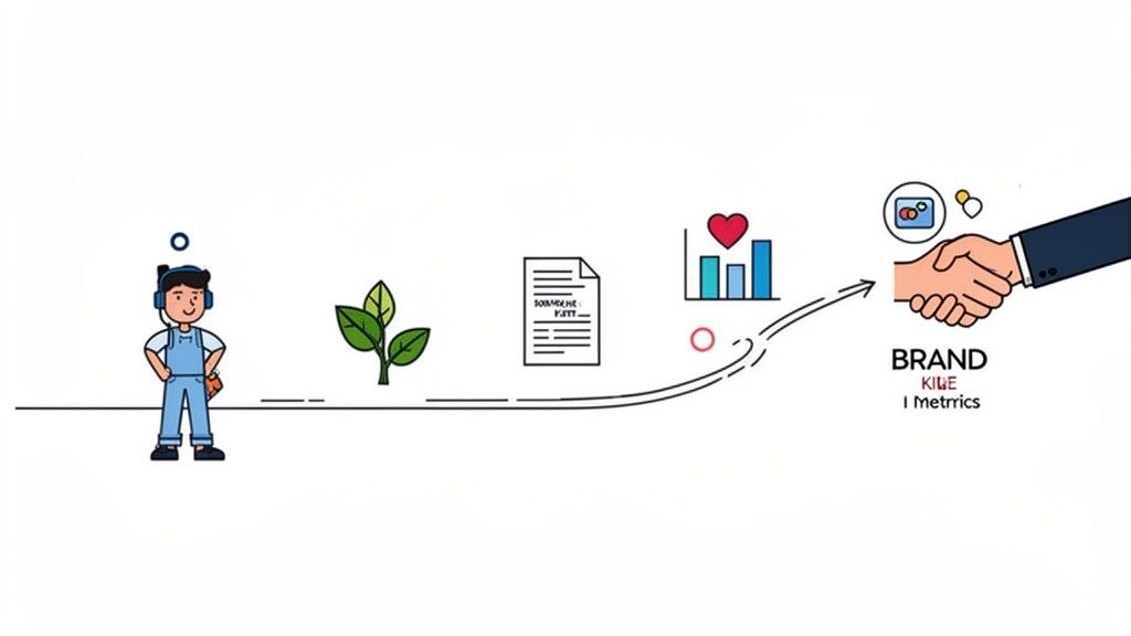 Illustration of an influencer's journey to a brand deal, showing growth, contracts, metrics, and a handshake.