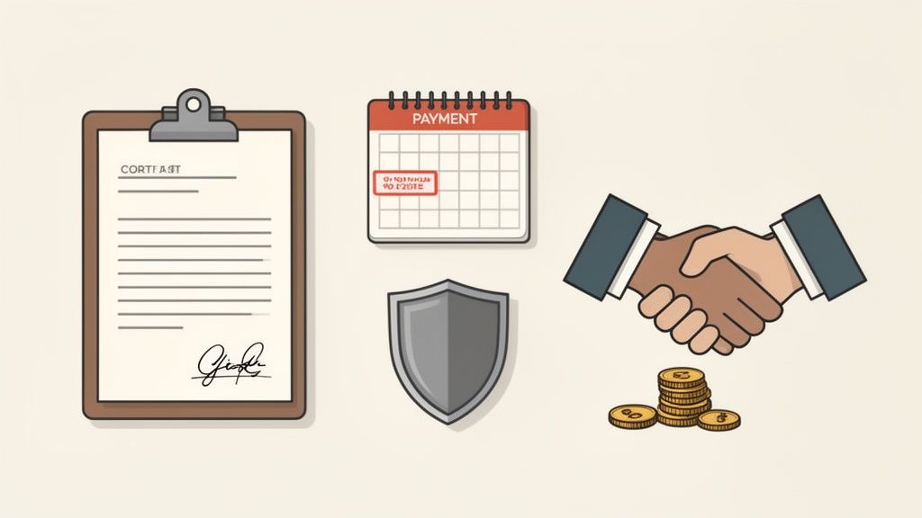 Illustrative icons of a contract, payment calendar, security shield, handshake, and gold coins representing a business deal.