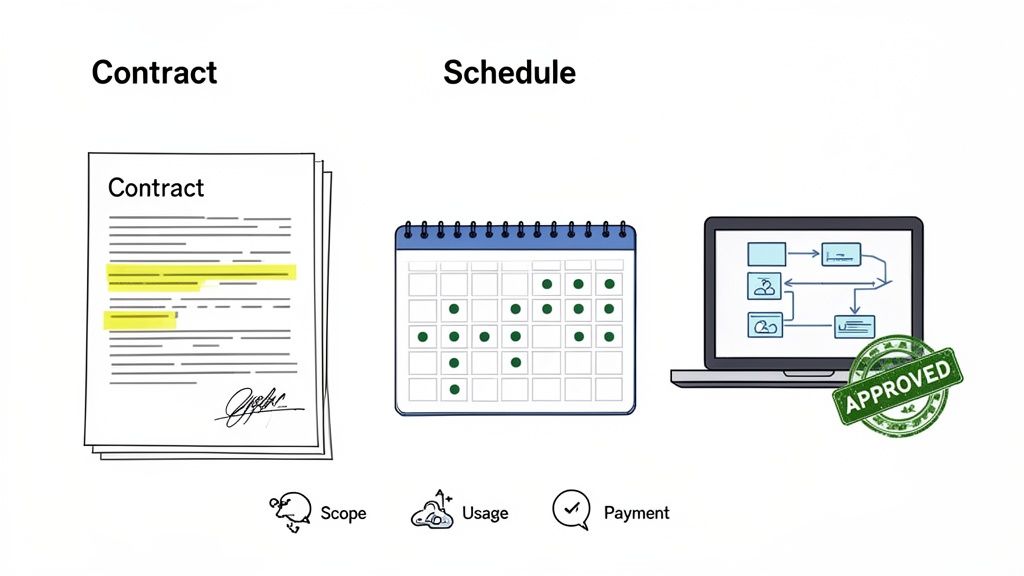 Illustration showing a contract document, a calendar schedule, a laptop with a workflow diagram, and icons for scope, usage, and payment.