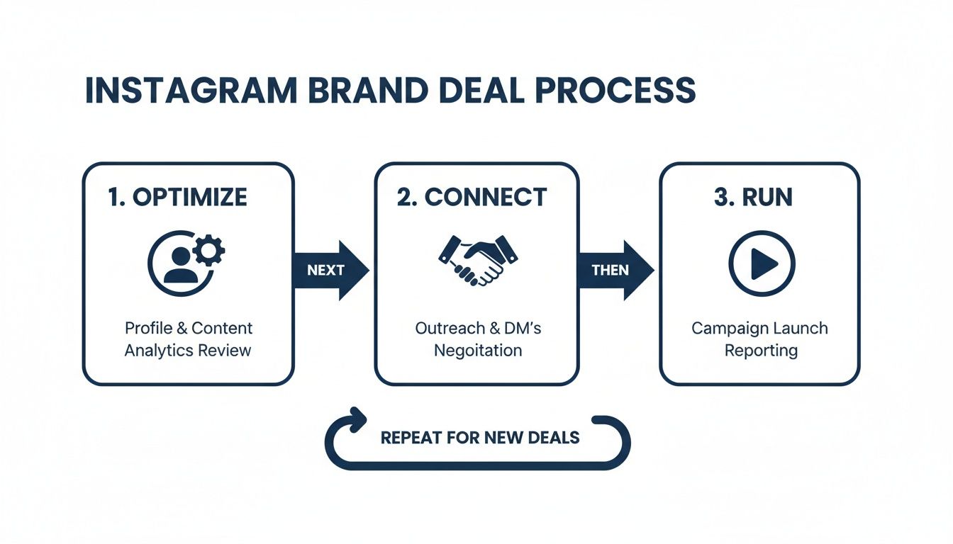 Flowchart detailing the Instagram brand deal process, including optimize, connect, run, and repeat steps.
