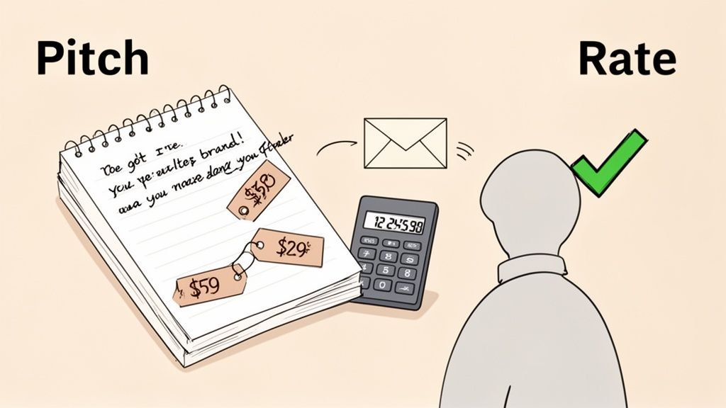 A diagram showing the process of pitching brand deals and setting rates with a calculator.
