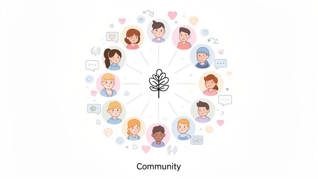 Diverse cartoon avatars in a circle around a leaf, symbolizing community and connection.