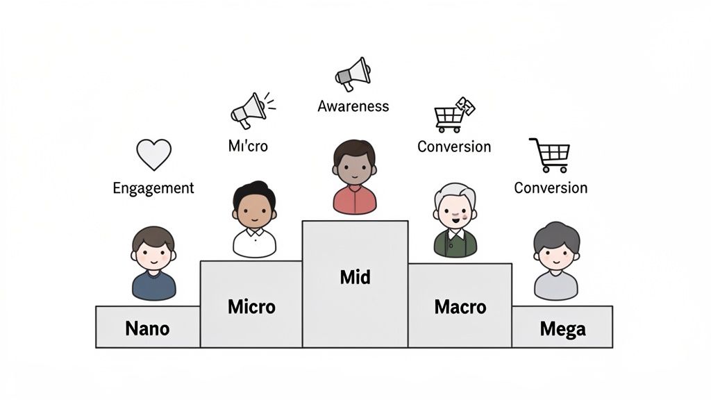 An infographic showing influencer marketing tiers: Nano, Micro, Mid, Macro, and Mega, with their campaign objectives.
