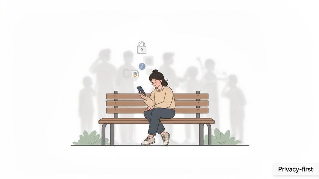 An illustration of a woman on a park bench using her phone with privacy icons above her.