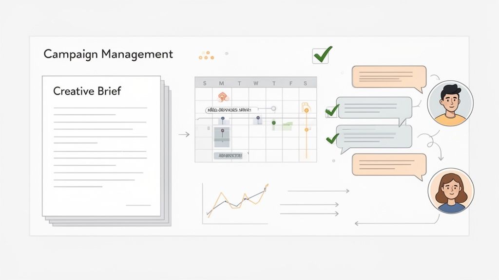 Illustration showing a campaign management workflow, including creative briefs, scheduling, analytics, and team communication.