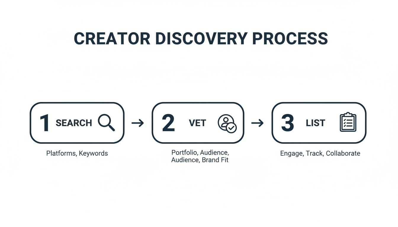 A visual process flow for creator discovery, detailing search, vet, and list stages with key actions.