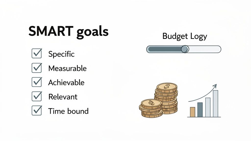 An illustration showing SMART goals checklist, budgeting progress bar, stacked coins, and a growth chart.