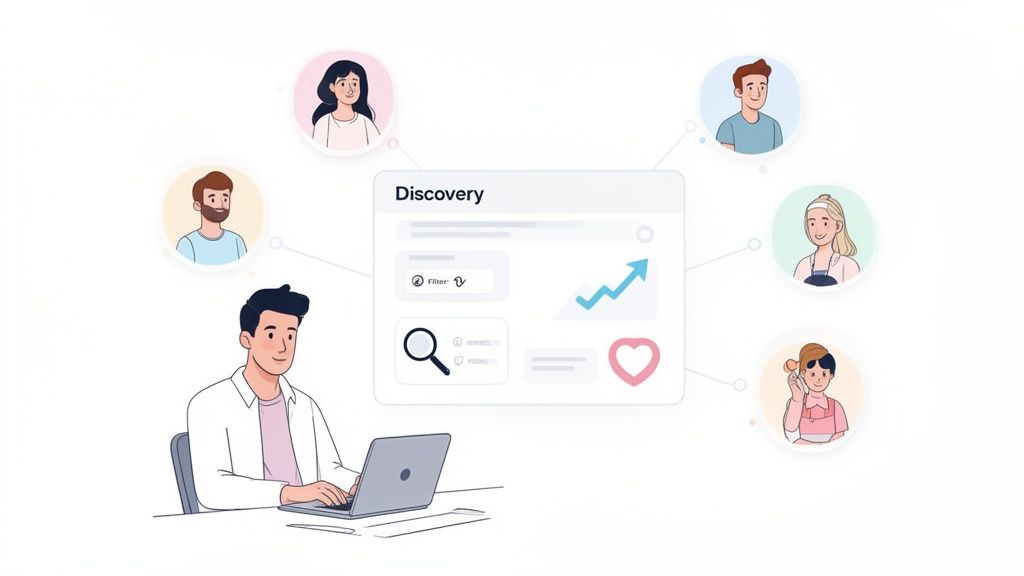 A man on a laptop interacting with a discovery platform connected to diverse user profiles.