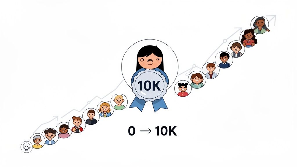 Cartoon illustration of diverse people ascending a growth path to a 10K achievement milestone.
