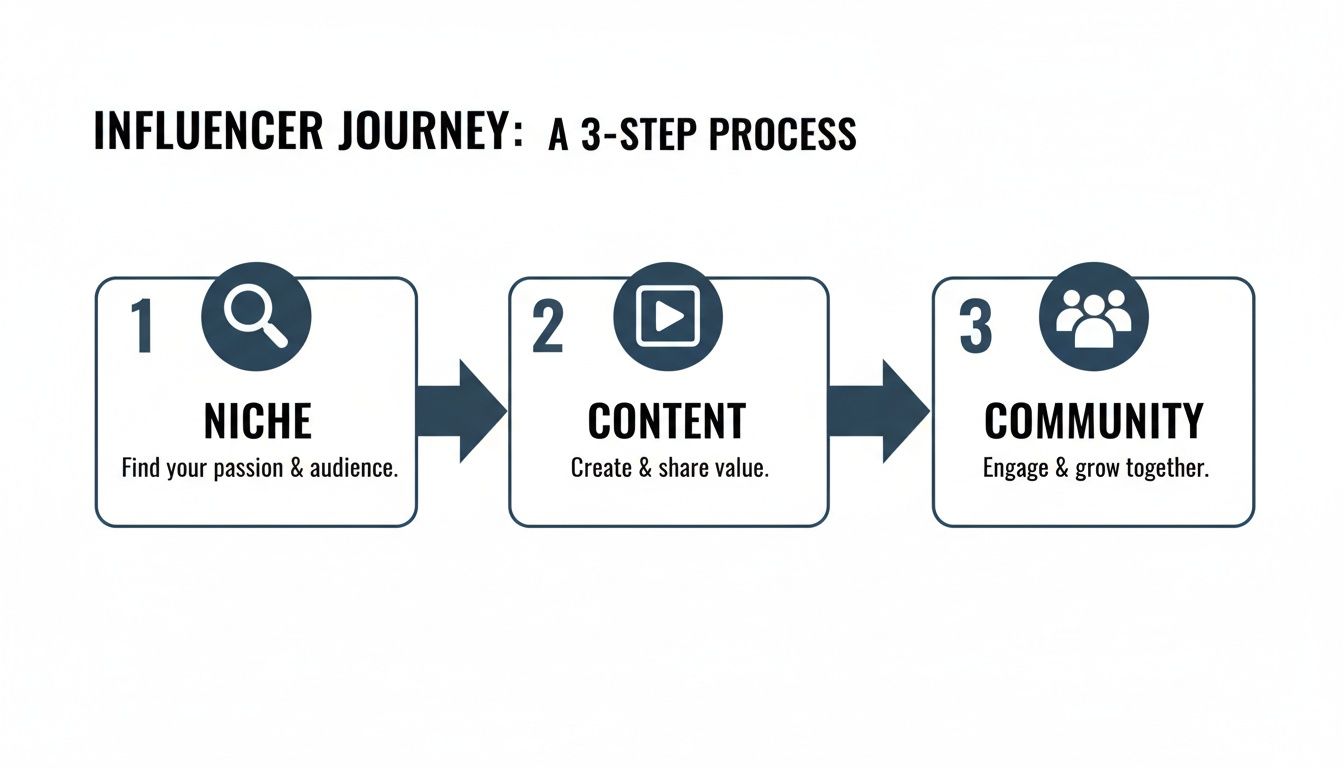 A 3-step influencer journey flowchart: Niche, Content, and Community, with descriptive text.