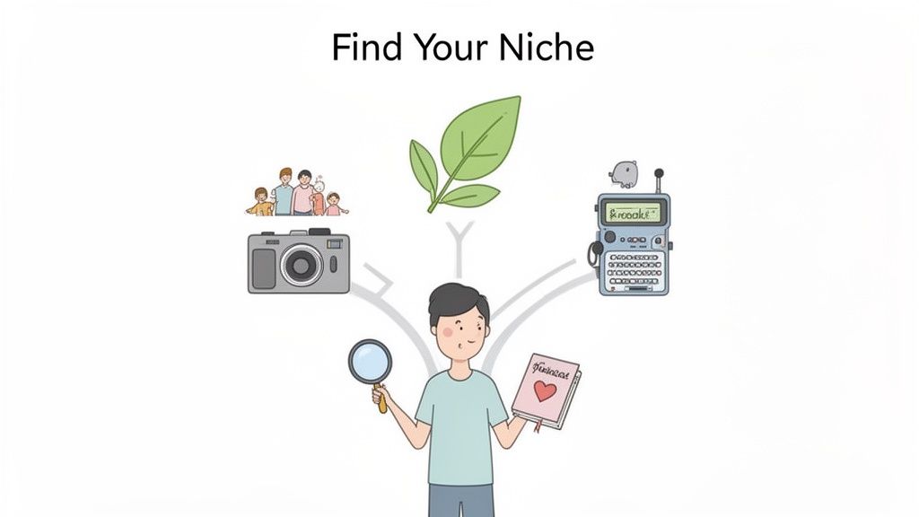 Illustration of a person exploring different interests like family, photography, nature, and communication to find their niche.