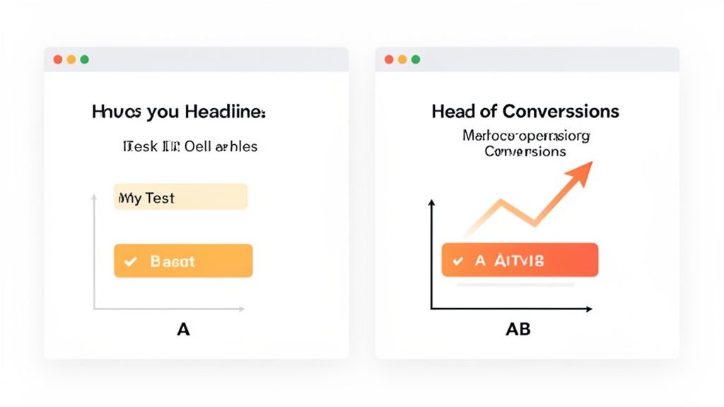 Two web browser windows illustrating A/B testing concepts for headlines and conversion rate improvement.