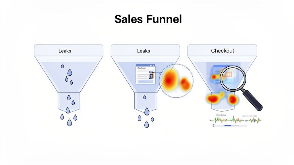 Illustration of a sales funnel with leaks, demonstrating how heatmaps analyze checkout and improve conversion.