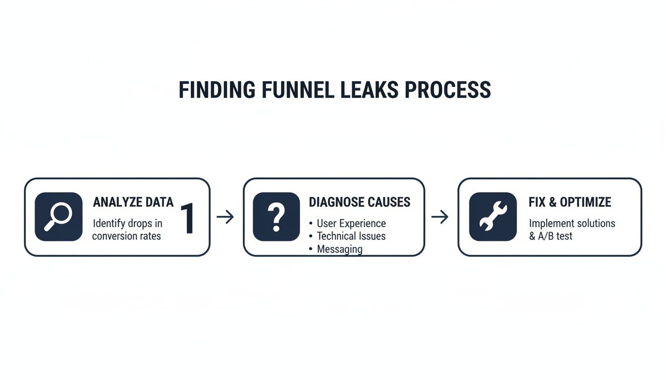 A three-step process for finding funnel leaks, including analyzing data, diagnosing causes, and implementing fixes.
