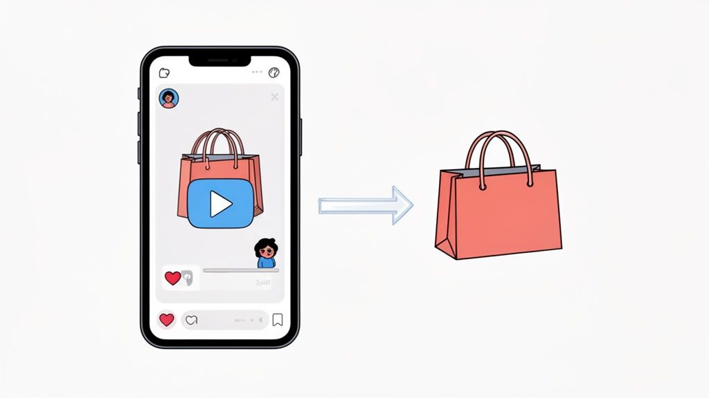 A smartphone shows a video of a shopping bag, indicating a conversion to a real shopping bag.
