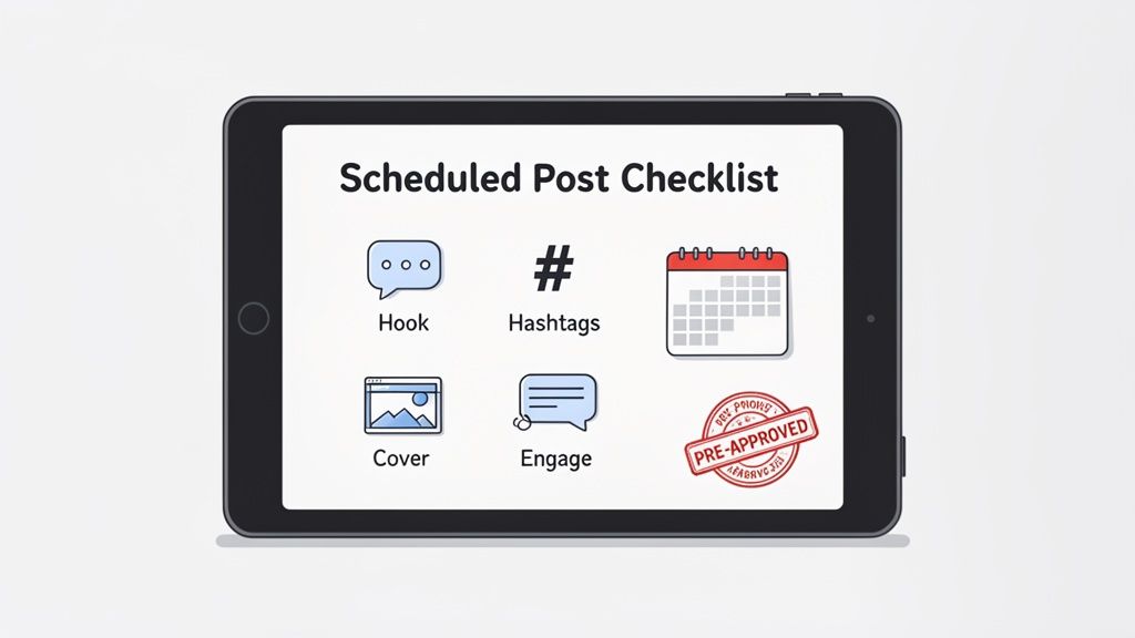 A tablet displays a 'Scheduled Post Checklist' with icons for hook, hashtags, cover, and engage.