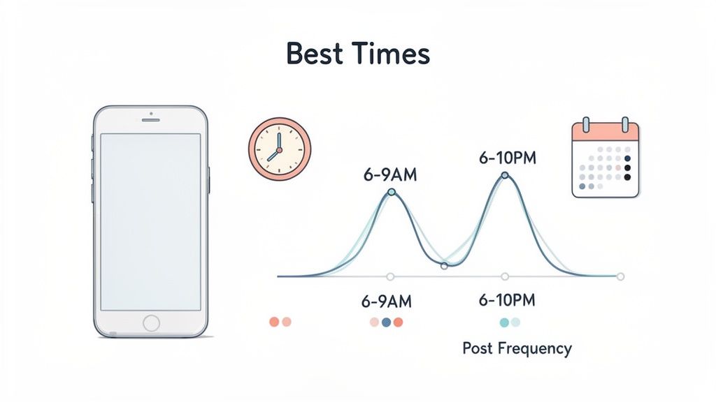 A graph titled 'Best Times' showing optimal content posting frequency peaks at 6-9 AM and 6-10 PM.
