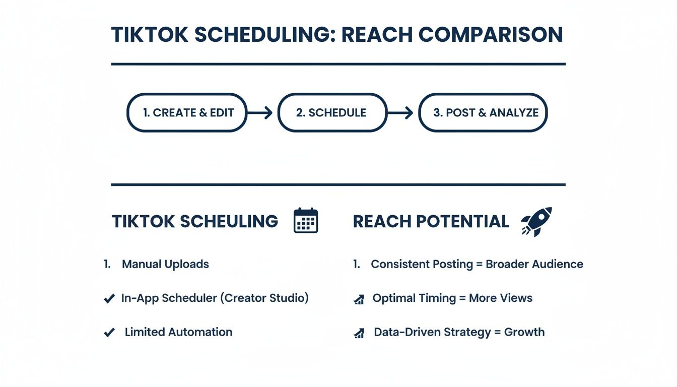 Infographic detailing TikTok scheduling workflow and comparing scheduling methods with potential reach benefits.