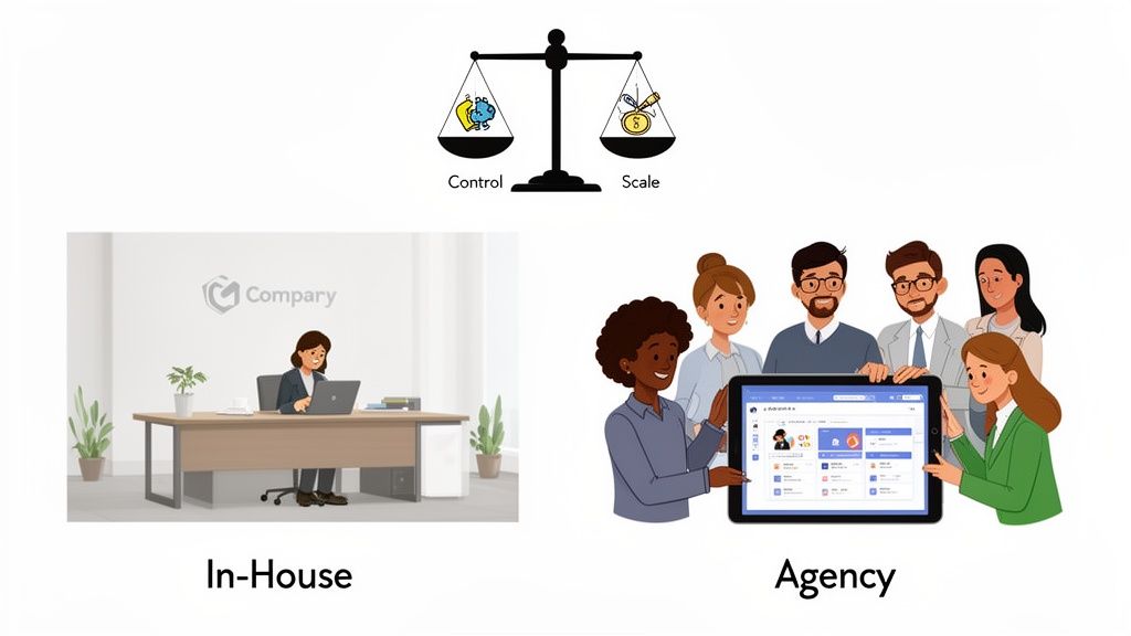 Illustrative comparison of in-house marketing vs agency services, balancing control and scale.