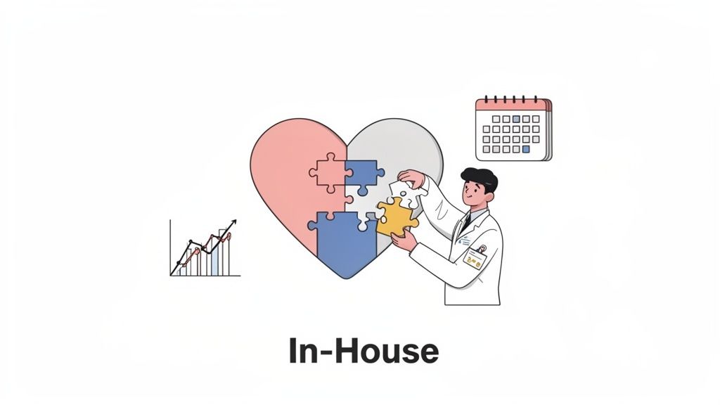 Illustration of a doctor assembling a heart puzzle, representing in-house team collaboration and growth strategy.