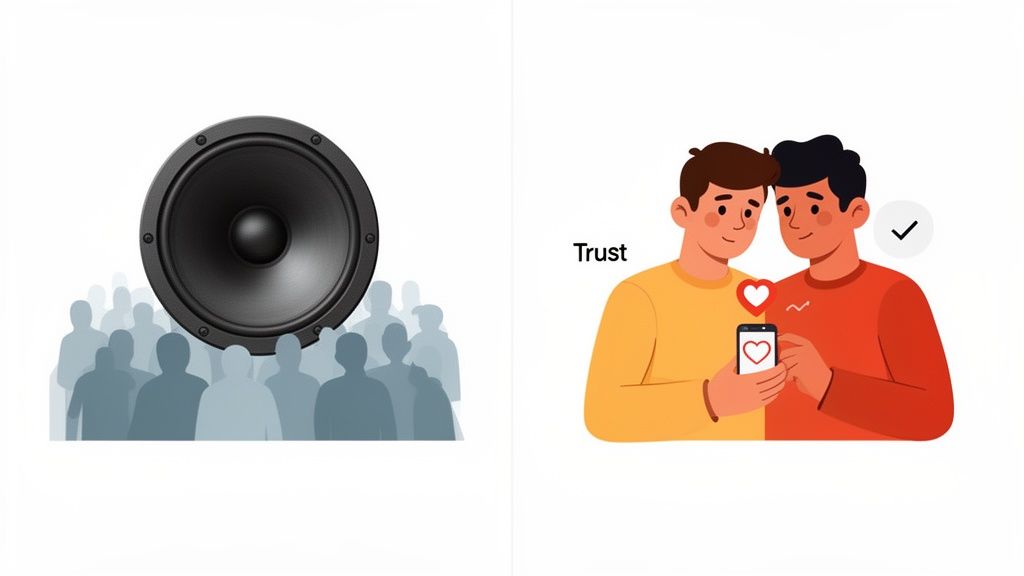 A large speaker above a crowd, contrasted with two men sharing a phone with a heart icon and 'Trust'.