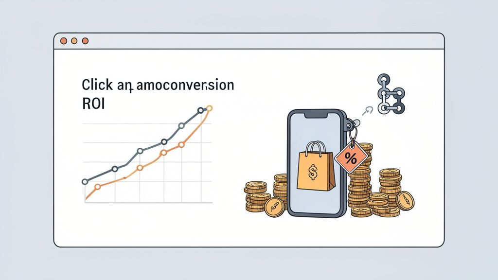 A graph shows growing ROI and conversions next to a smartphone with a shopping bag and coins.