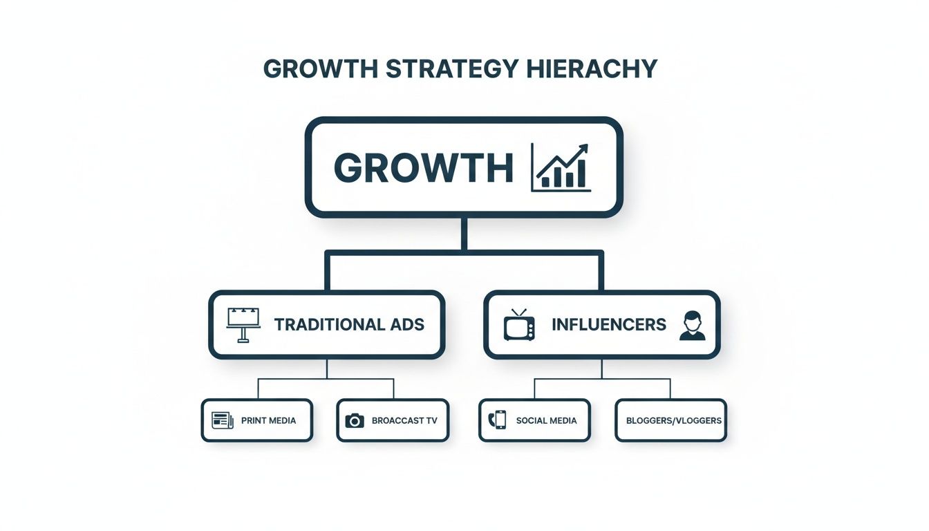 A detailed flowchart illustrating a growth strategy hierarchy, comparing traditional ads and influencer marketing.