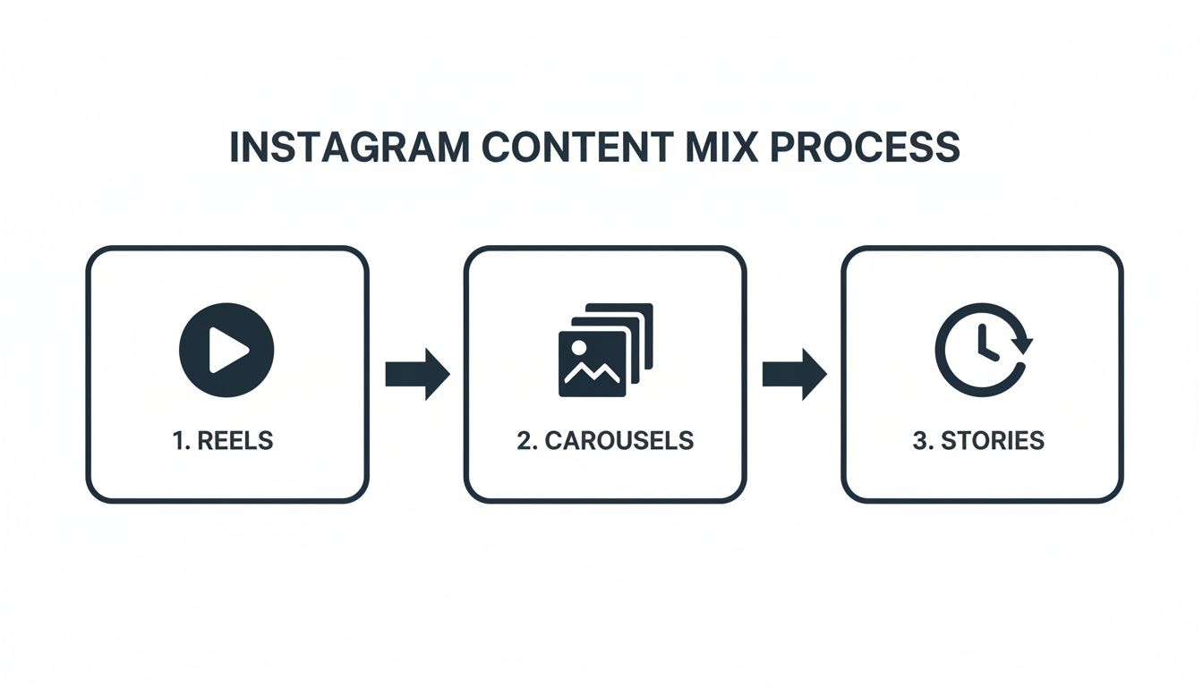 Flowchart illustrating the Instagram content mix process with Reels, Carousels, and Stories. Alt text: An effective Instagram content strategy involves a mix of Reels for discovery, Carousels for education, and Stories for engagement.