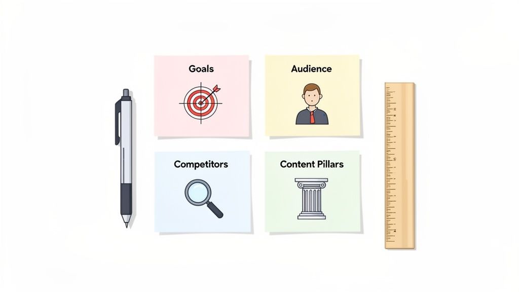 Four sticky notes illustrating a content strategy framework: Goals, Audience, Competitors, Content Pillars, with a pen and ruler. Alt text: A well-planned Instagram content strategy starts with goals, audience, competitors, and content pillars, shown on sticky notes.