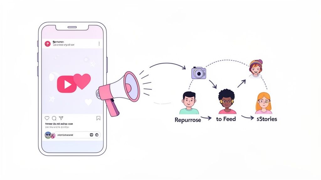 Diagram showing Instagram content workflow from a phone with a megaphone, camera, and three people. Alt text: An Instagram content strategy that includes influencers involves a workflow from finding creators to publishing collaborative content.