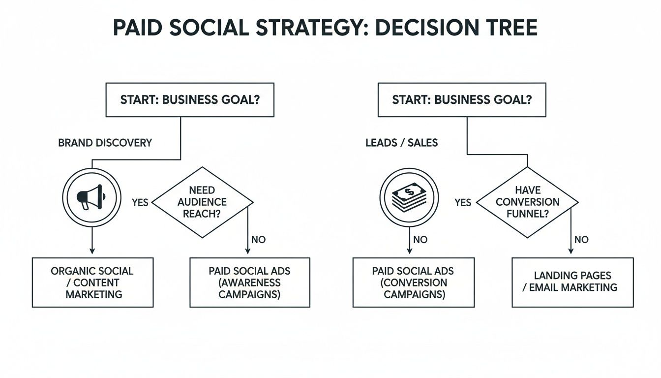 A paid social strategy decision tree flowchart guiding choices for brand discovery, leads, and sales.