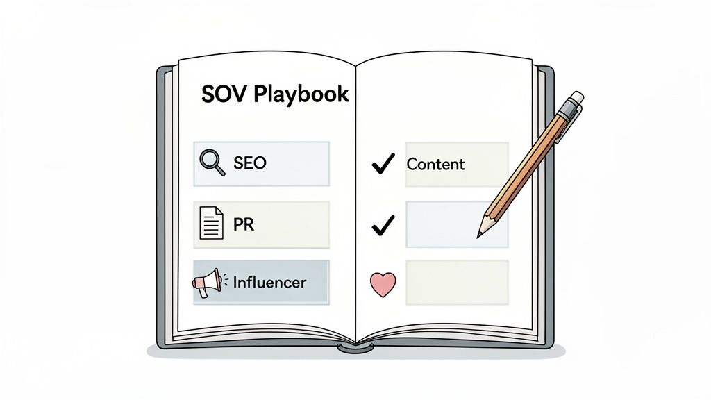 An open SOV Playbook outlines various marketing strategies including SEO, PR, Influencer, and Content.