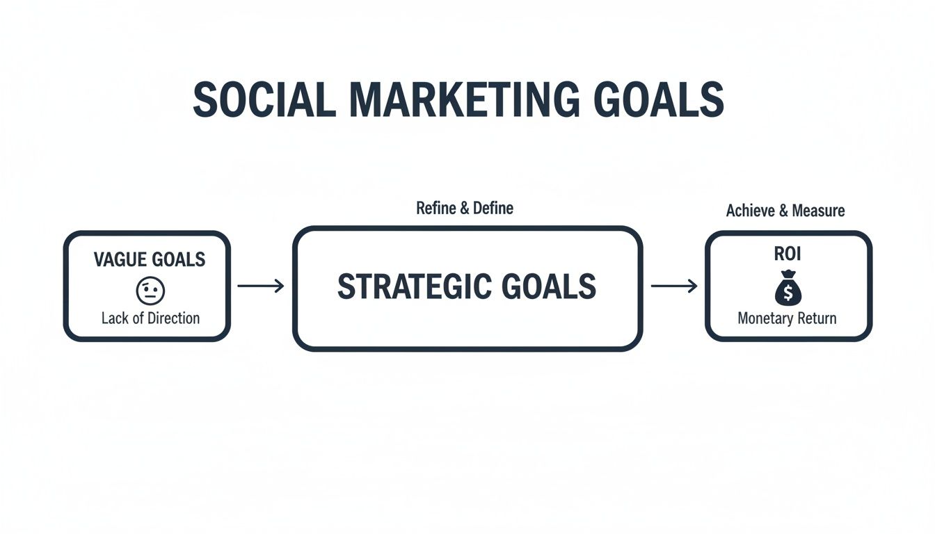 Flowchart detailing the progression from vague to strategic social marketing goals, culminating in ROI.
