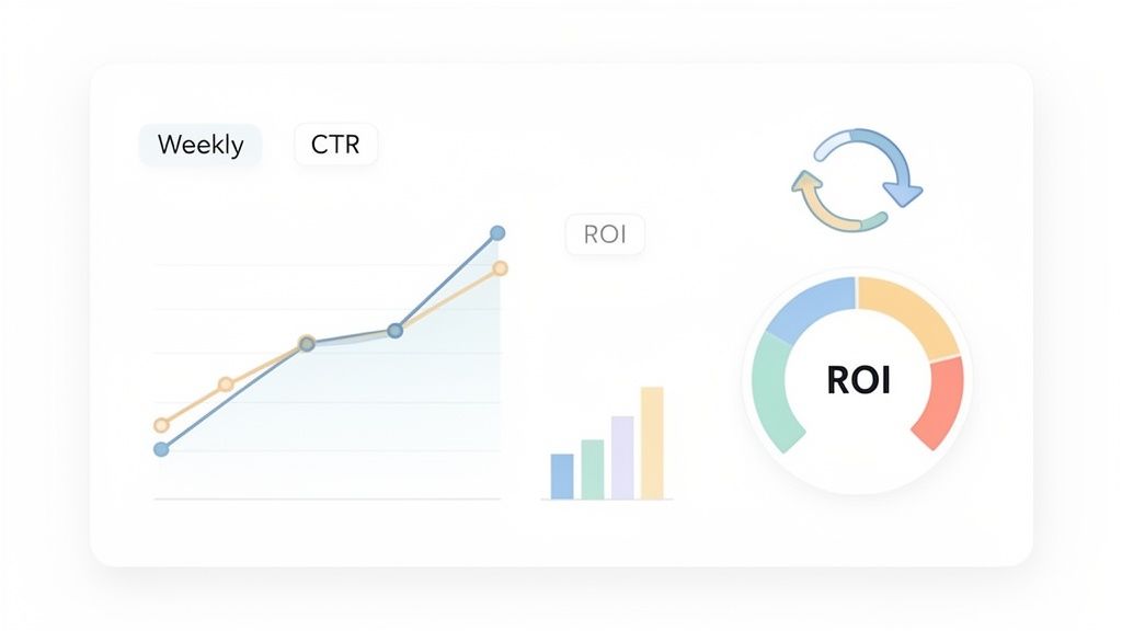 A clean digital marketing dashboard displaying analytics with line graphs for weekly CTR, a bar chart, and a donut chart for ROI.