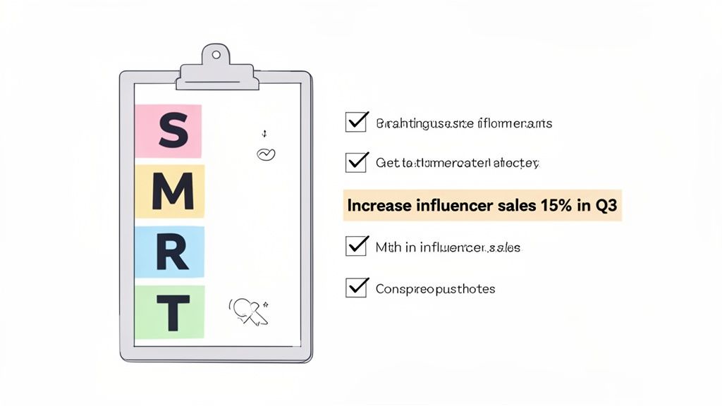 A clipboard illustrates SMART goals with a highlighted objective to increase influencer sales by 15% in Q3.