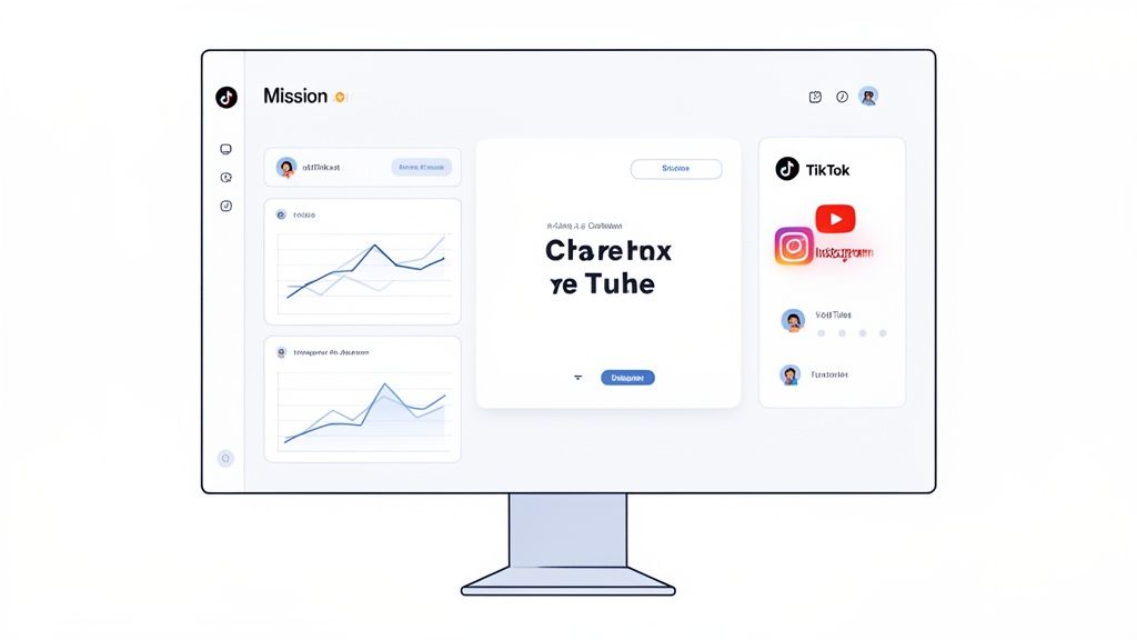 A clean UI of a computer monitor displaying a social media analytics dashboard with charts and popular platform logos.