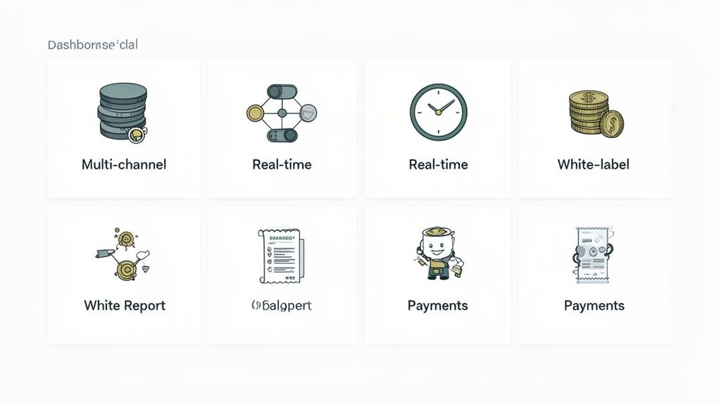 A dashboard displays eight tiles with icons representing multi-channel, real-time data, white-label, reports, and payment features.