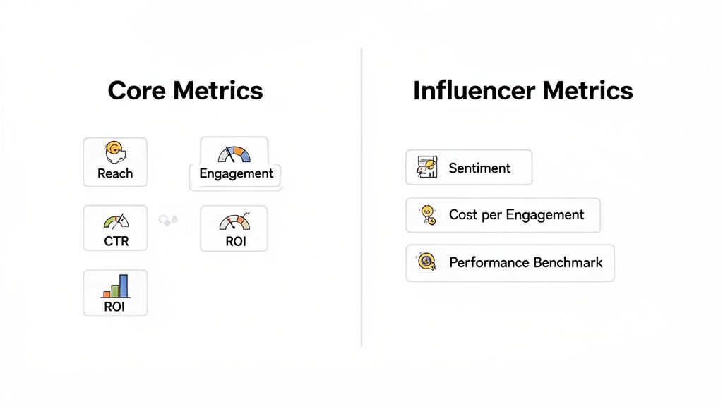 Dashboard displaying core and influencer metrics like reach, engagement, CTR, and ROI.