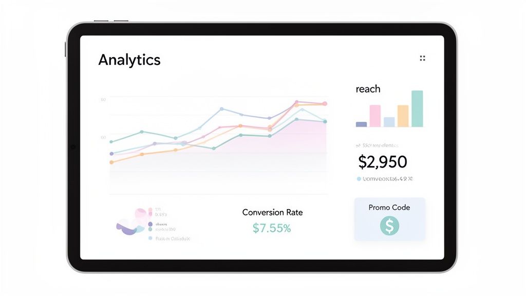 A tablet shows an analytics dashboard, a key tool for effective social media influencer management and tracking ROI.