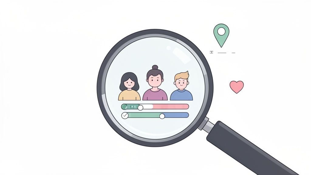 A magnifying glass zooms in on diverse profiles, an essential step in social media influencer management for finding the right audience.