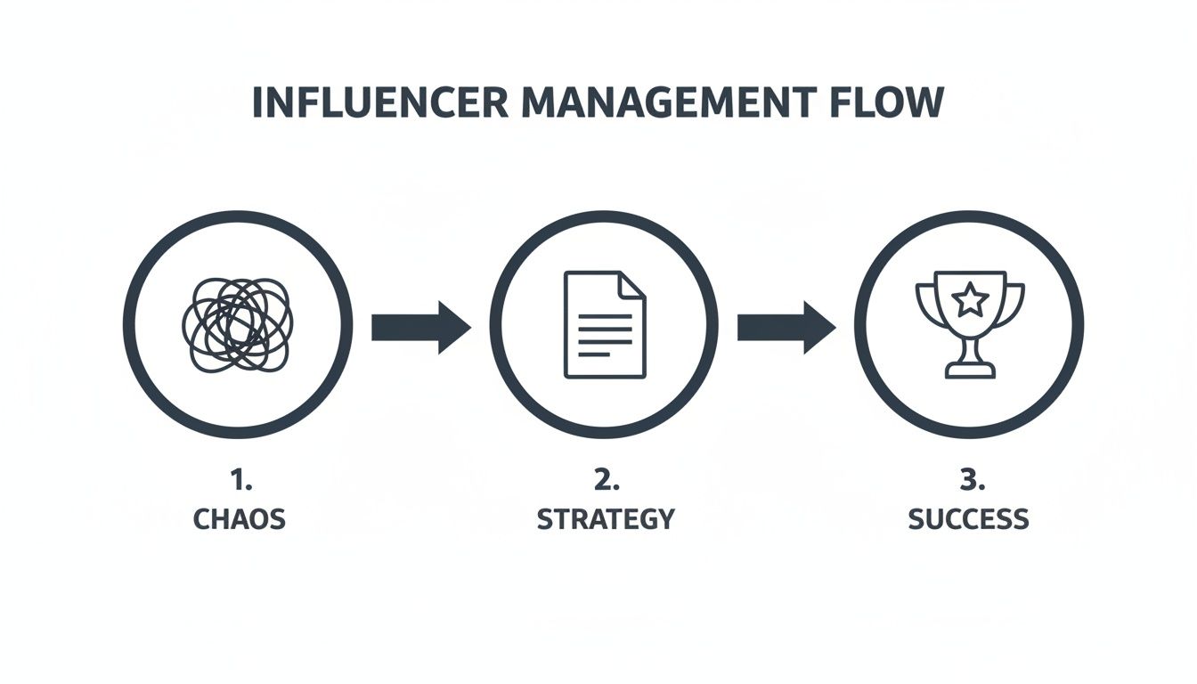 A diagram illustrating the social media influencer management workflow, moving from chaos to strategy and then to success.