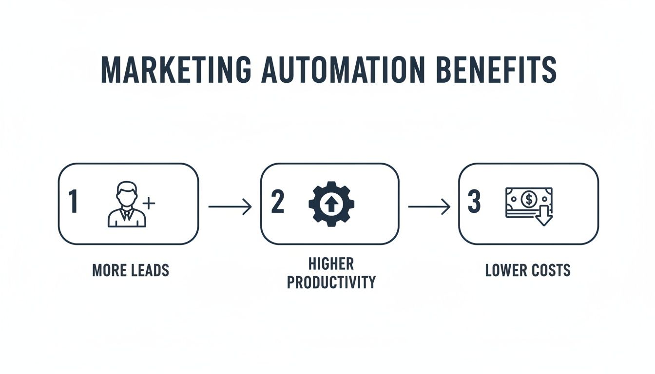 Flowchart illustrating marketing automation benefits: more leads, higher productivity, and lower costs.