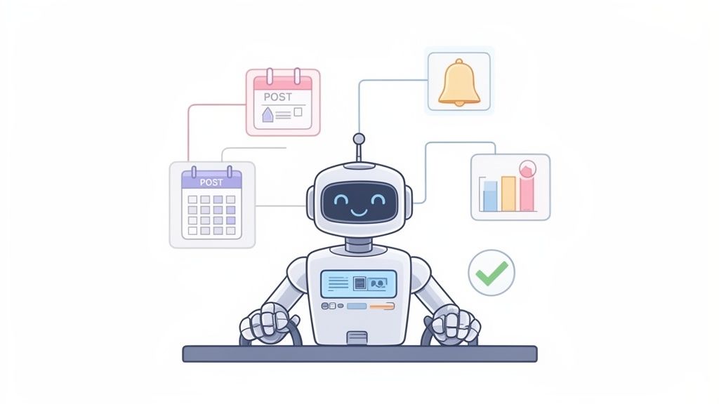 Cartoon robot automating social media marketing with calendars, notifications, analytics, and success checkmark.