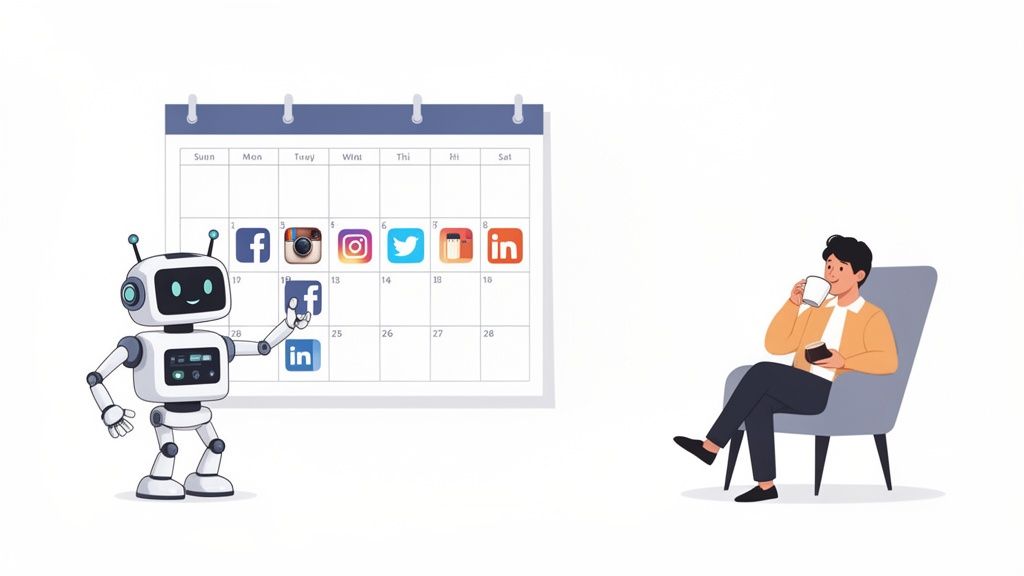 A robot schedules social media posts on a calendar while a man relaxes, drinking coffee.