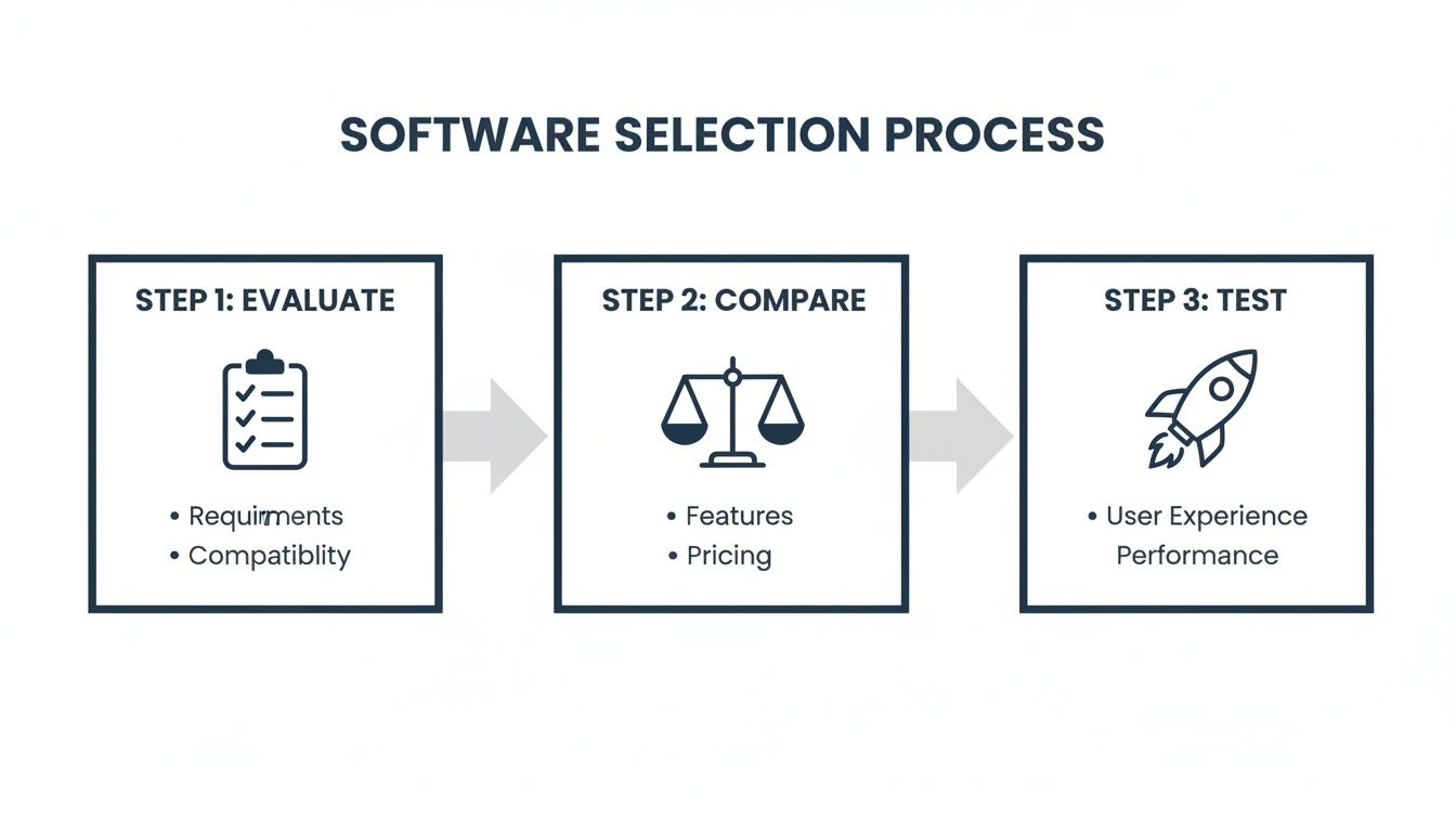 A flowchart illustrating the three-step software selection process: evaluate, compare, and test, with icons.