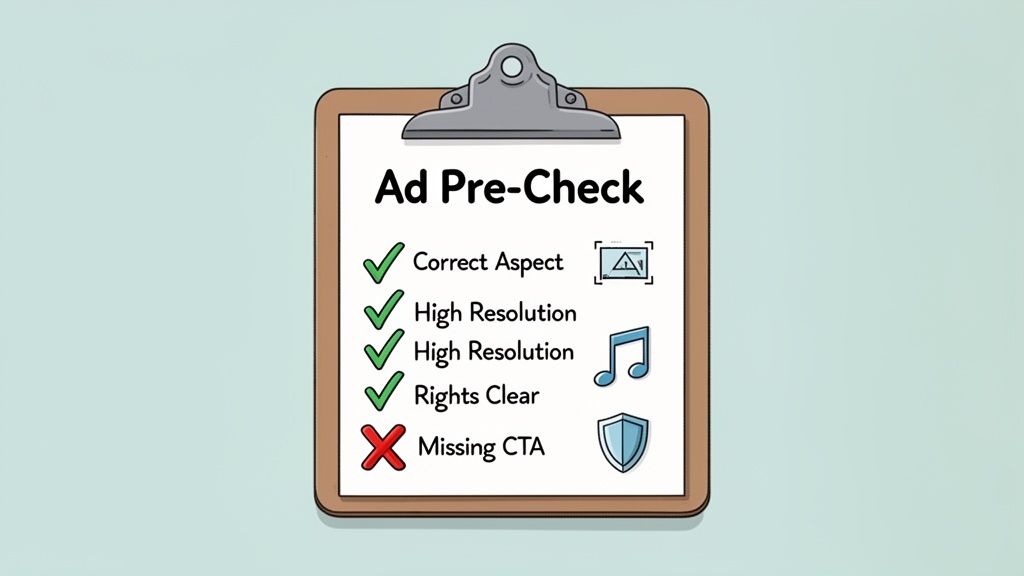 A clipboard with an 'Ad Pre-Check' checklist, showing many items checked and one marked as 'Missing CTA'.