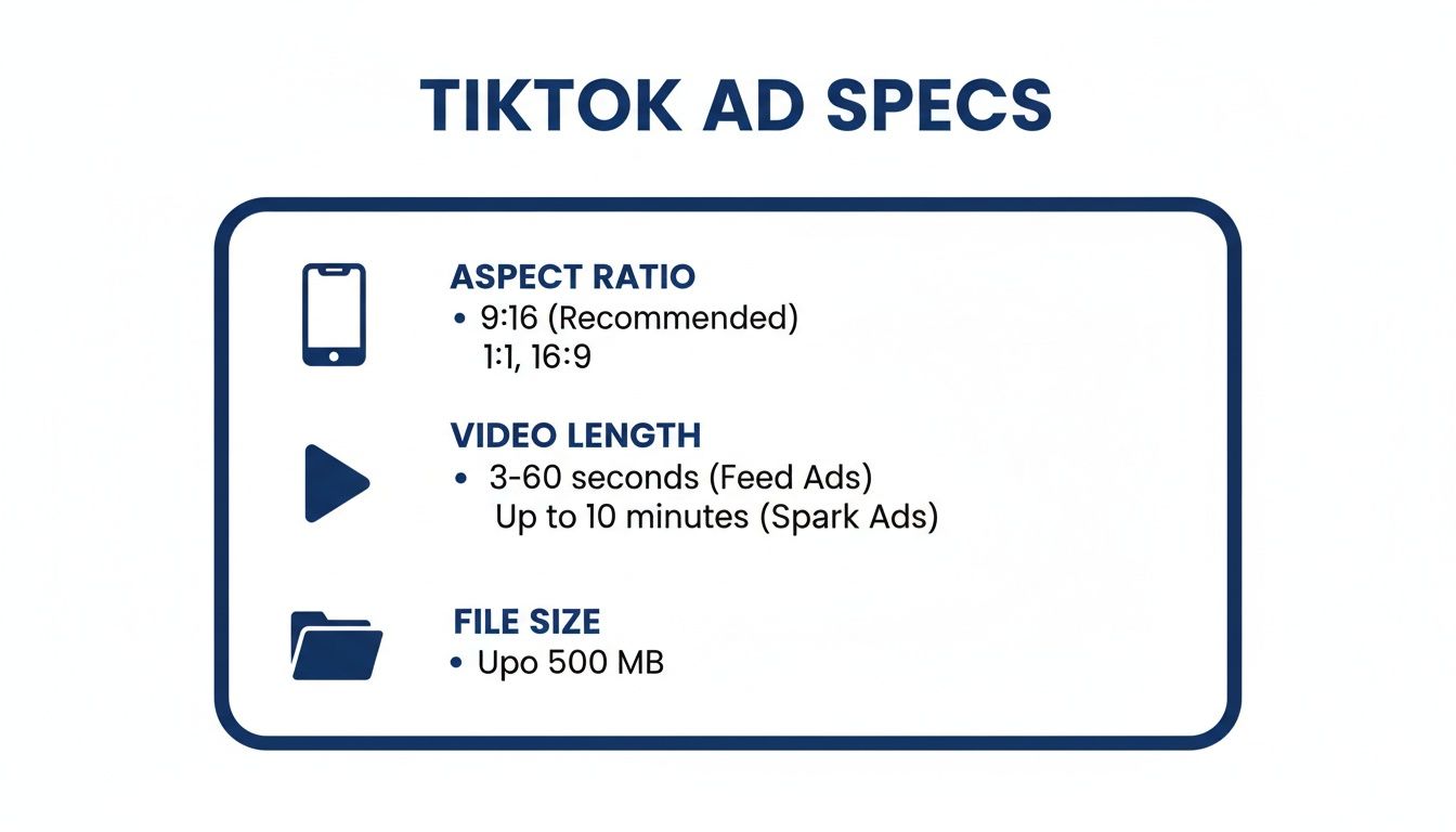 TikTok ad specifications chart showing recommended aspect ratios, video lengths, and maximum file size.