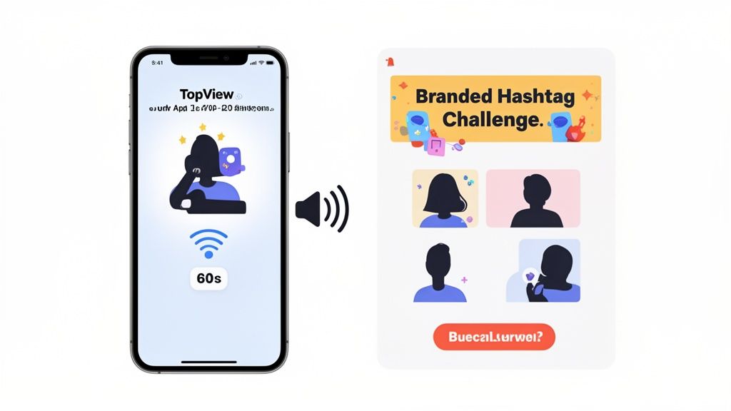 A smartphone showing a 'TopView' app with a timer and a separate card for a 'Branded Hashtag Challenge'.