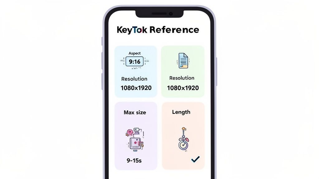A smartphone screen displaying KeyTok Reference specifications for video content, including aspect ratio, resolution, max size, and length.